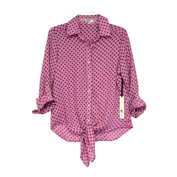 Kut From The Kloth Womens Tie Front Muslin Blouse Pink Polka Dot Roll Tab Small - Picture 1 of 9